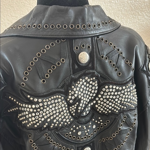 RARE VINTAGE BAJA Trading Company Studded Eagle Rhinestone 100% Leather Jacket - Picture 3 of 16